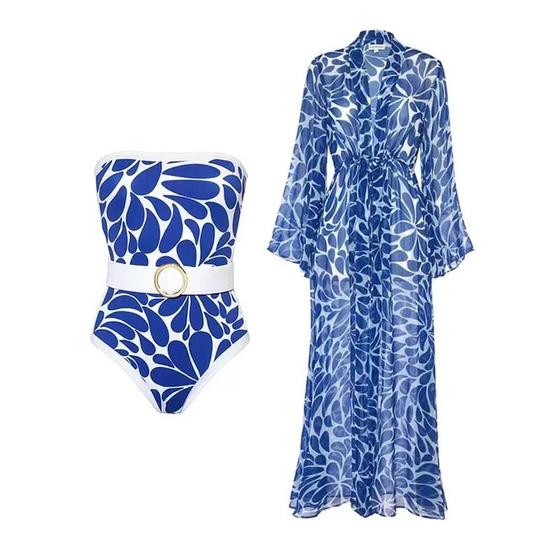 Bandeau One Piece Bikini With Long Cover Up